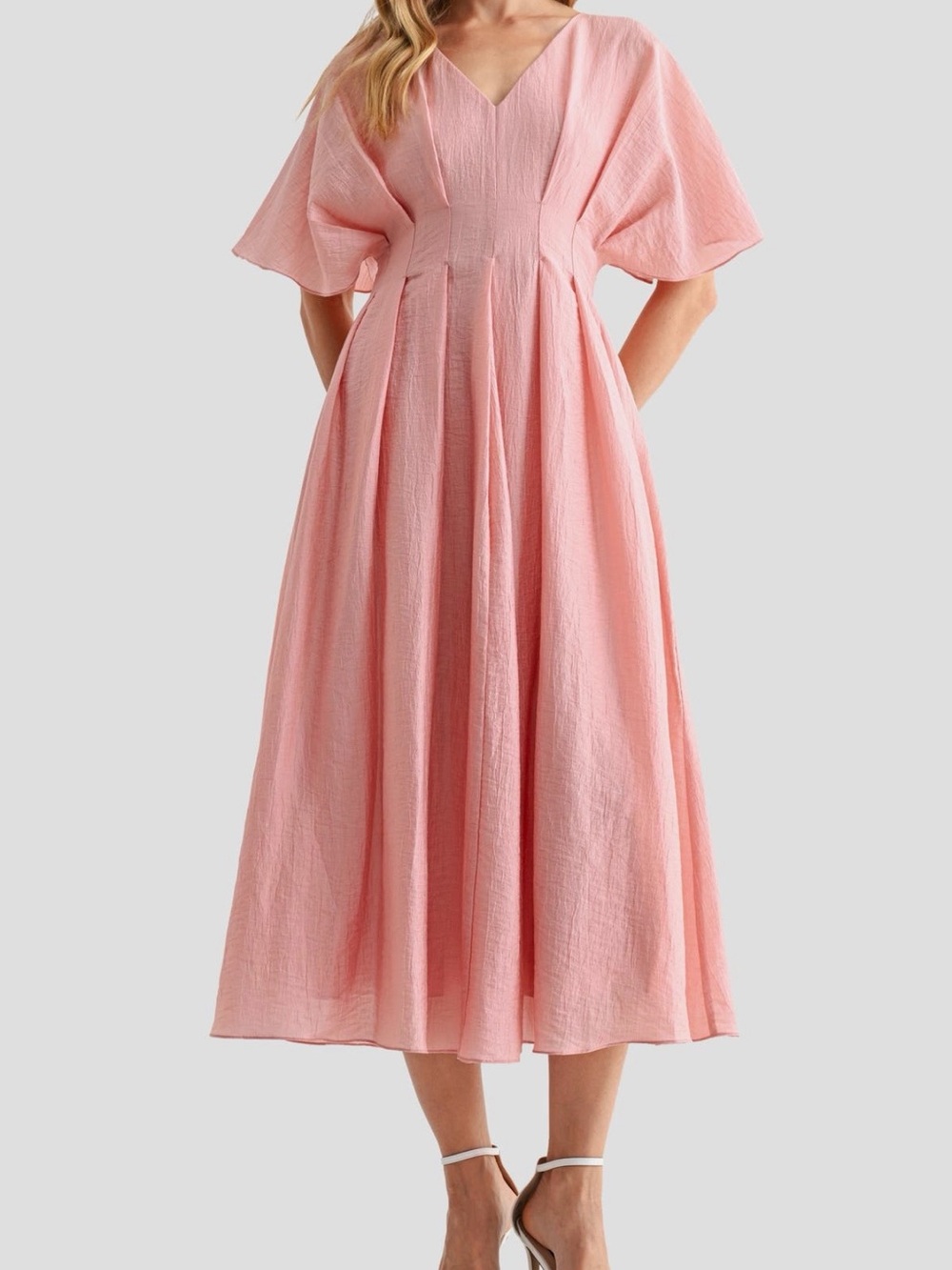 Mila Mae Flutter Sleeve V-Neck Midi Dress in Light Pink NWT Small